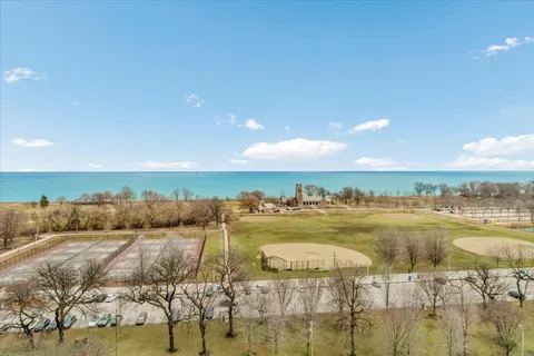 a view of an ocean and a building
