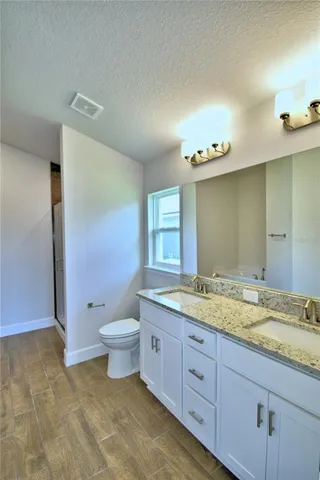 a bathroom with a granite countertop sink a toilet and a shower