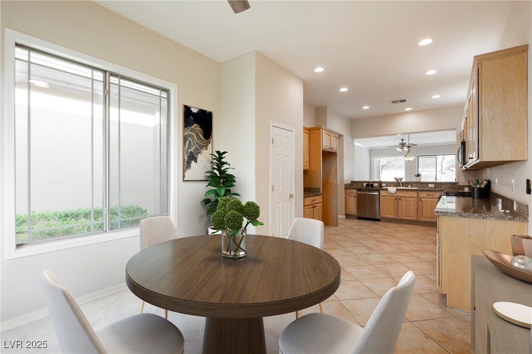17 Caprington Road Henderson, NV 89052 - Photo 11 of 34 Virtually staged, dining room with a ceiling fan, recessed lighting, and light tile patterned floors