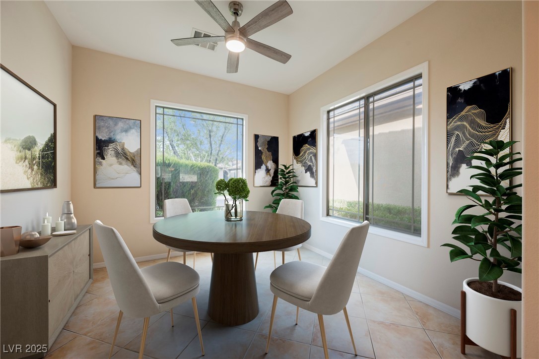 17 Caprington Road Henderson, NV 89052 - Photo 6 of 34 Virtually staged, Dining space featuring healthy amount of natural light, light tile patterned flooring, and a ceiling fan