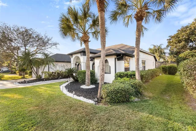 a view of a house with a swimming pool and a big yard with palm trees