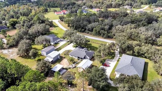 an aerial view of a house with a yard and large tree