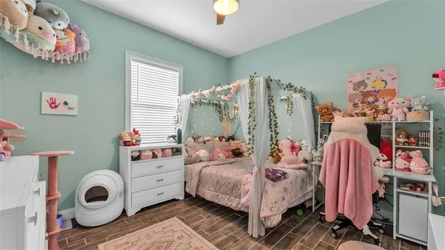 a bedroom with furniture and a bed