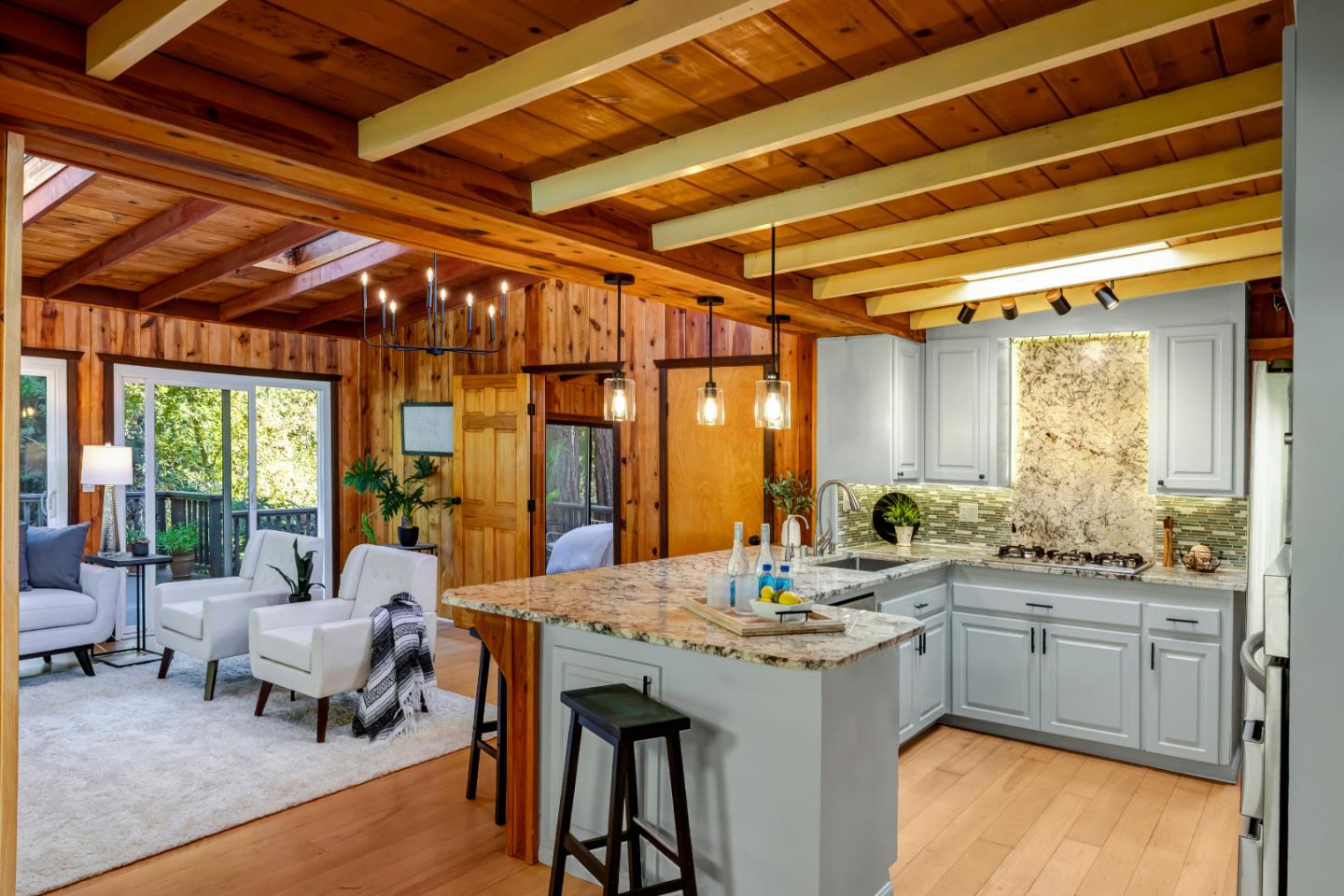 220 Lazy Woods Road Felton, CA 95018 - Photo 10 of 69 a view of a kitchen area with furniture and floor to ceiling window