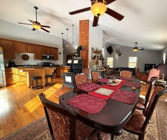 a view of a dining room with furniture