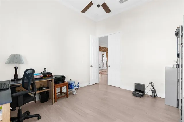 a dining room with furniture window and outside view
