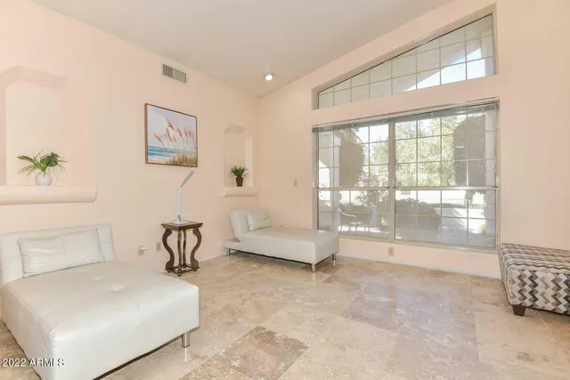 a view of a dining room with furniture