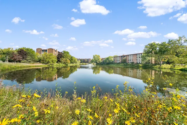 a view of a lake with a house in the background