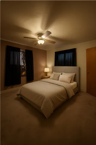 a bedroom with a large bed and a chandelier