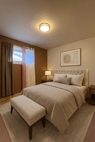 a bedroom with a bed and large windows