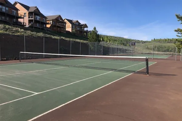 a street view with tall trees