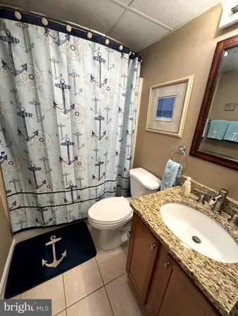 a bathroom with a sink a toilet and shower curtain