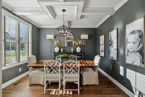 a workspace with chandelier