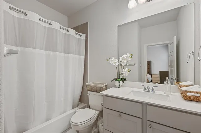 a bathroom with a sink a toilet a mirror a vanity and shower