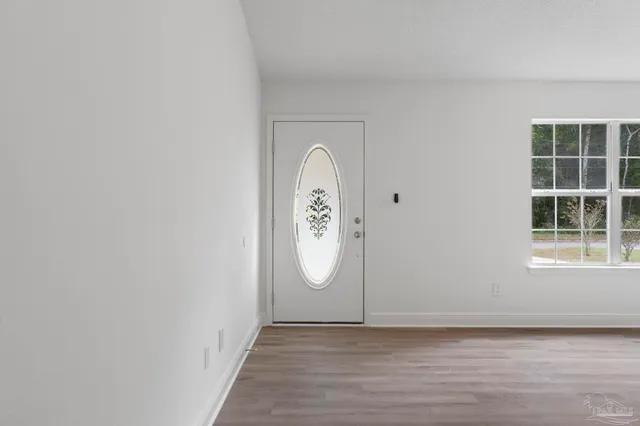 a view of a yard in front of a house with plants and large tree