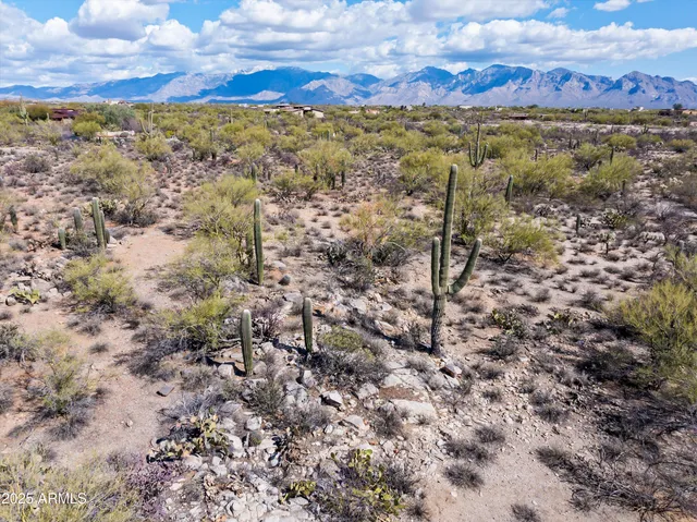 a view of a field with mountains in the background
