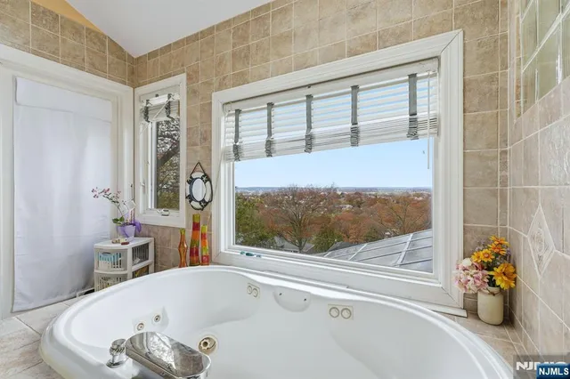 a bathroom with a tub and a potted plant