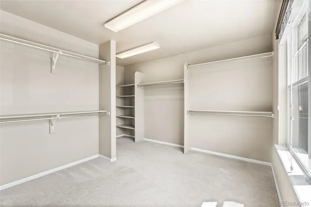 a view of an empty walk in closet with empty racks