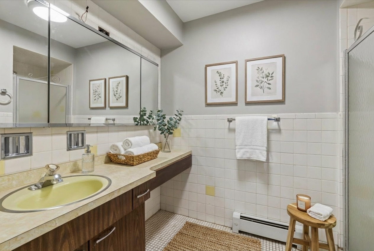 7801 Niles Center Road, Unit 102 Skokie, IL 60077 - Photo 13 of 20 a bathroom with a granite countertop sink and a mirror