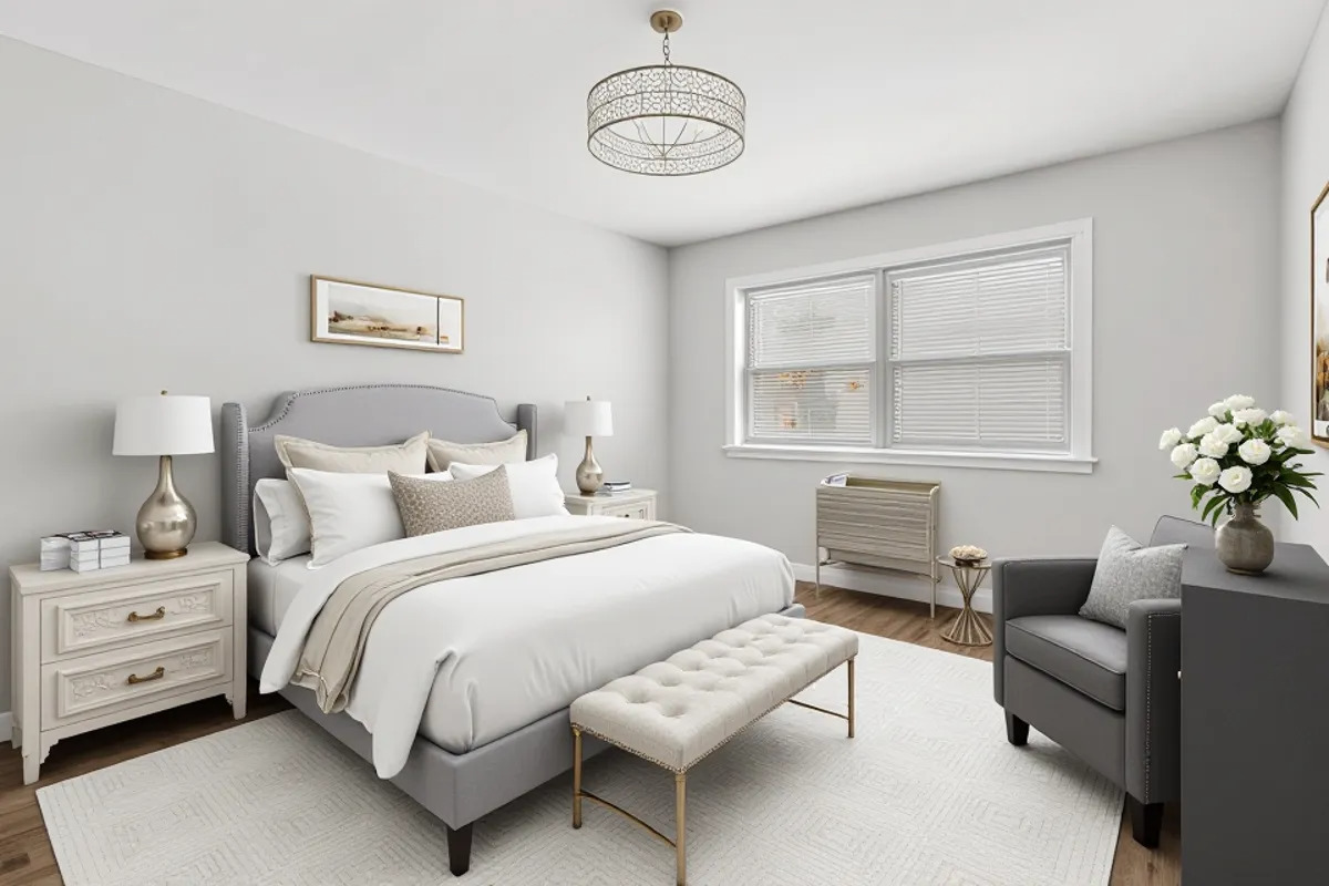 7801 Niles Center Road, Unit 102 Skokie, IL 60077 - Photo 14 of 20 a bedroom with a bed a couch and dresser