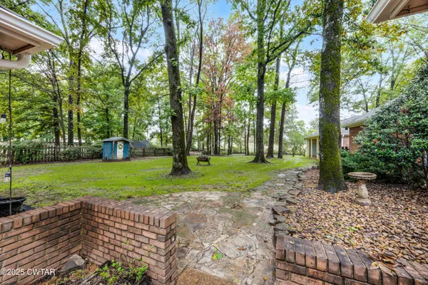 a view of a park with large trees