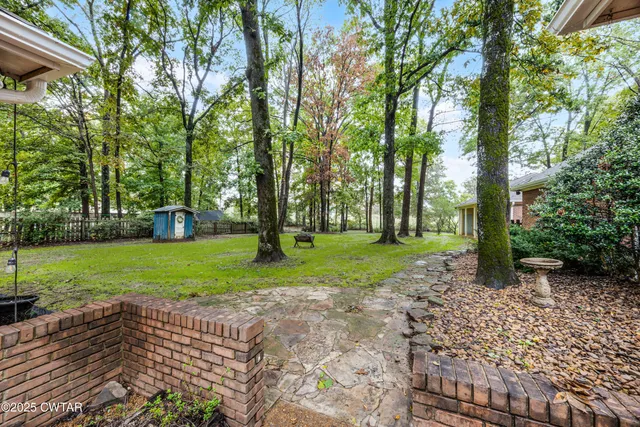 a view of a park with large trees
