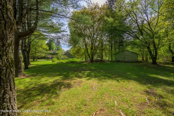 a view of yard with green space and trees