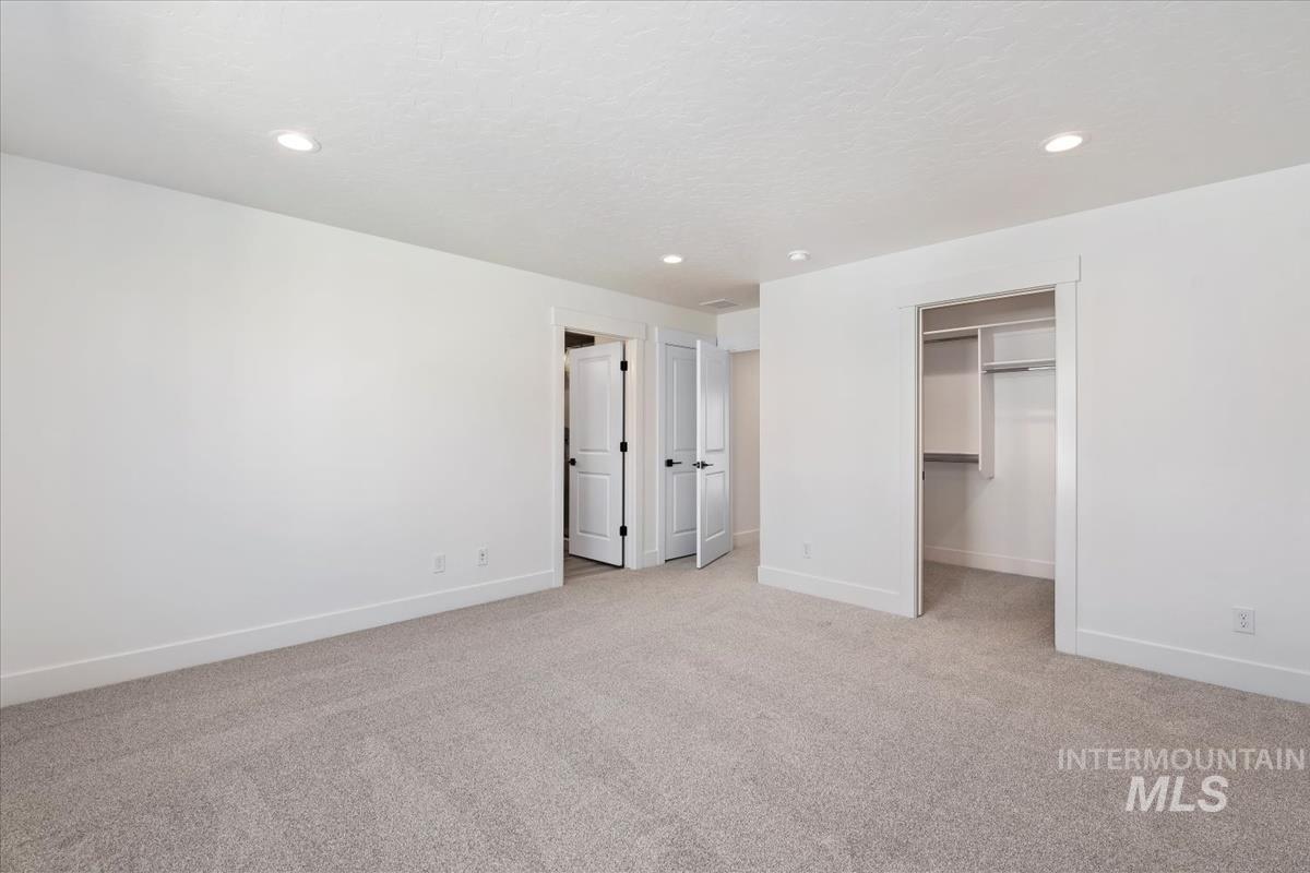 768 South Calhoun Lane Star, ID 83669 - Photo 19 of 36 Spacious room featuring light-colored carpeting, white walls, recessed ceiling lighting, a walk-in closet with built-in shelving and hanging rods, and white interior doors with dark hardware
