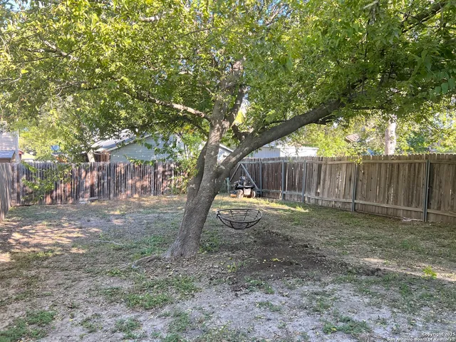 a view of a yard with a tree in the background