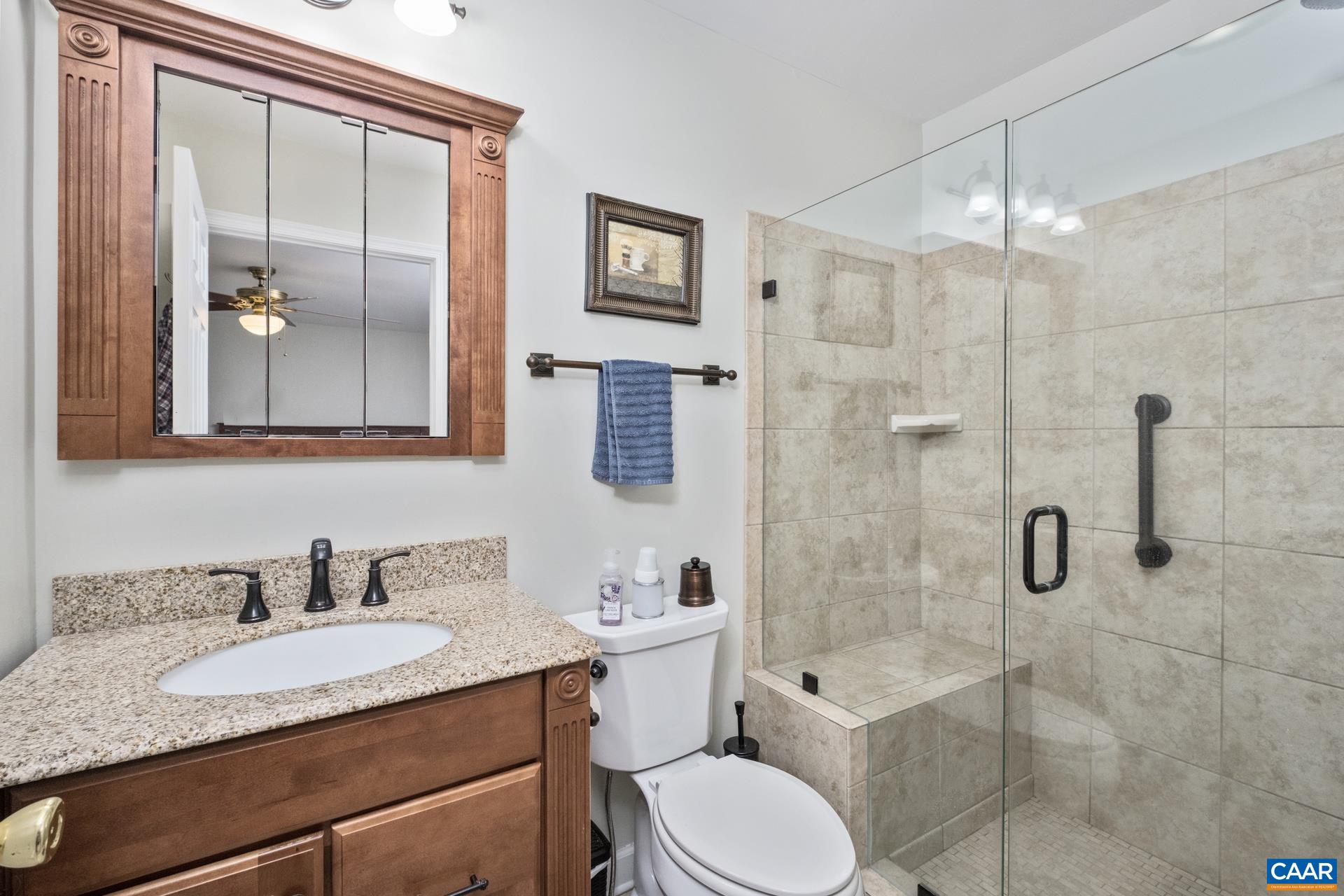 162 Rolling Hills Road Ruckersville, VA 22968 - Photo 32 of 48 a bathroom with a granite countertop sink toilet a mirror and shower