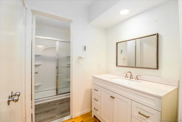 a bathroom with a shower sink vanity and mirror