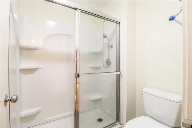 a bathroom with a shower and toilet