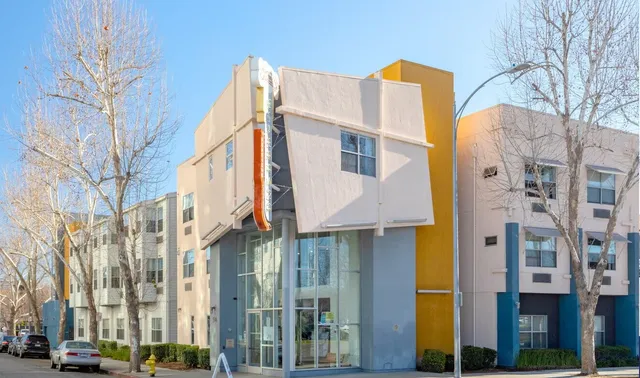 a view of a building with a street