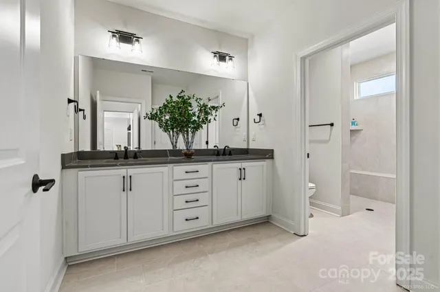 a bathroom with a double vanity sink and mirror