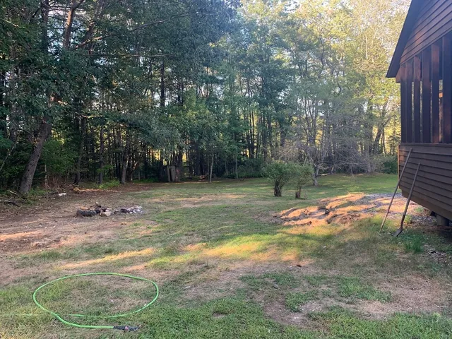 a view of backyard of house with green space