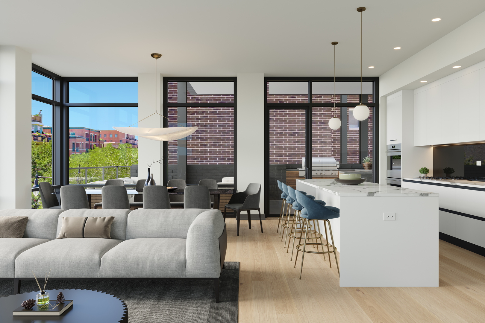 6 North Carpenter Street, Unit 2D Chicago, IL 60607 - Photo 4 of 9 a living room with furniture a large window and a chandelier