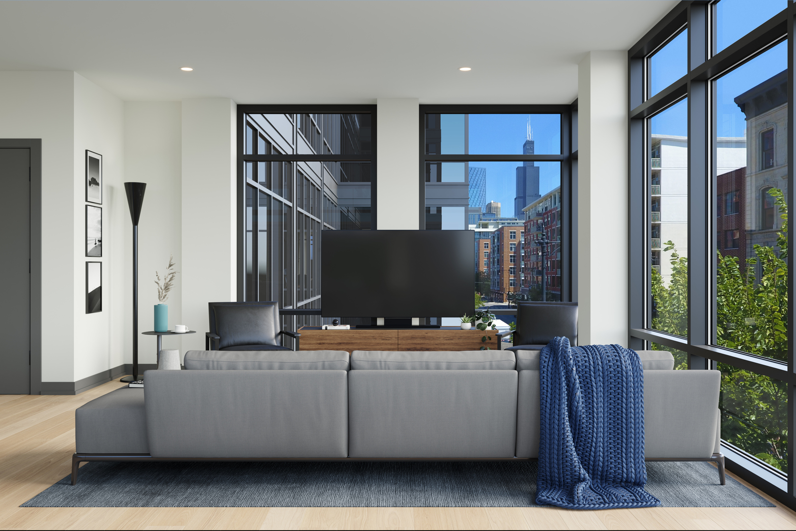 6 North Carpenter Street, Unit 2D Chicago, IL 60607 - Photo 5 of 9 a living room with furniture and a flat screen tv