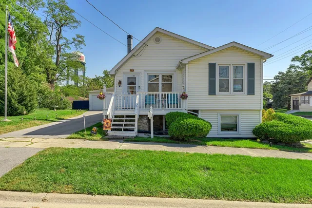 a view of a house with a yard and potted plants
