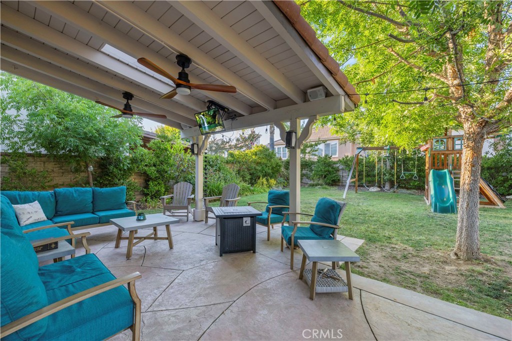 24303 Las Palmas Street Valencia, CA 91355 - Photo 27 of 34 a view of a patio with couches chairs and a big yard