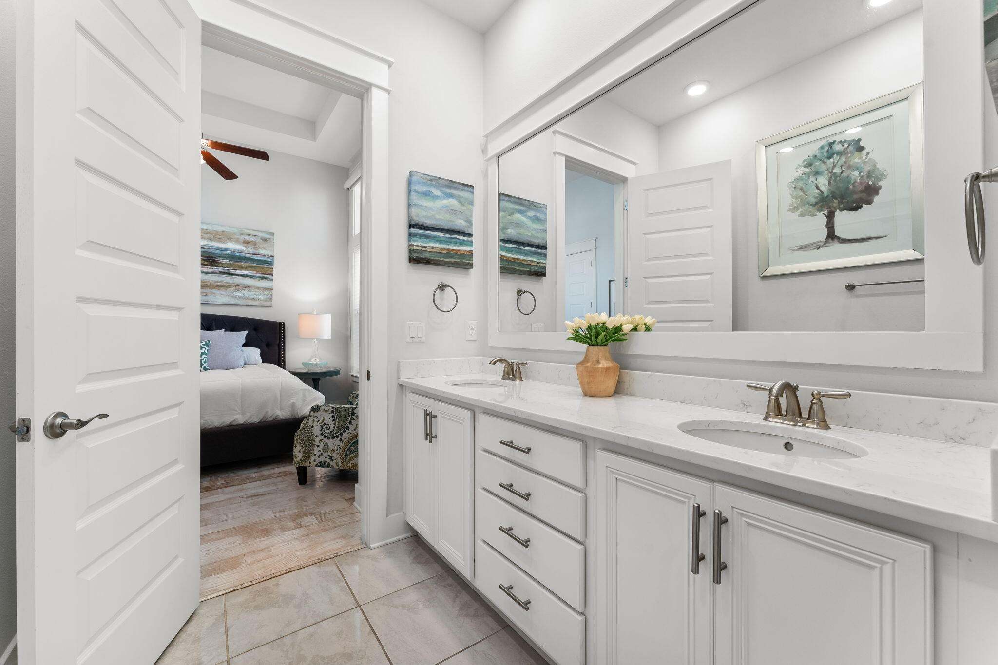 Undisclosed Address Inlet Beach, FL 32461 - Photo 15 of 44 a en suite bathroom with a double vanity sink a mirror and a shower