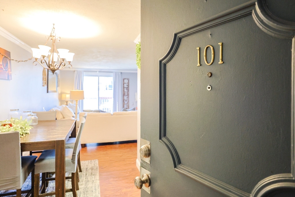 a view of a dining room with furniture