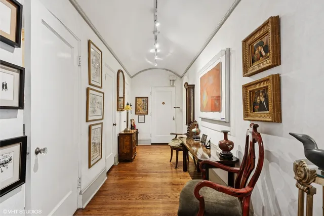 a view of a dining room with furniture