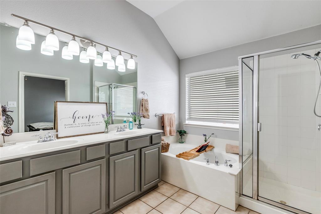 1712 Jasmine Trail Savannah, TX 76227 - Photo 11 of 21 a bathroom with a sink a large mirror and a bathtub next to a window