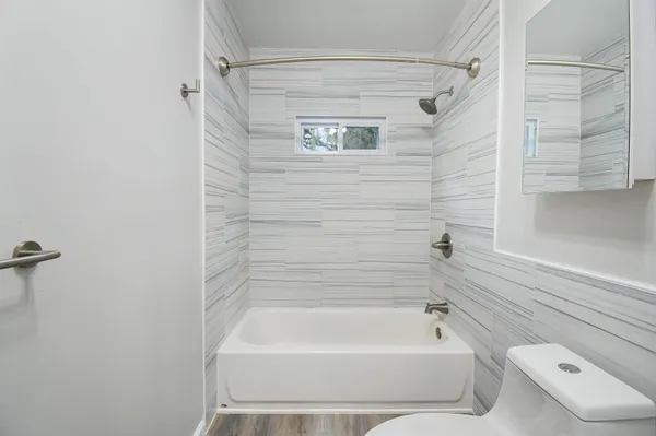 a bathroom with a toilet and a bathtub