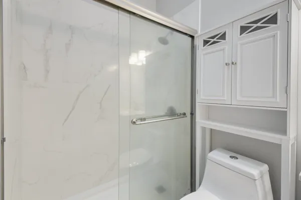 a bathroom with a shower and toilet