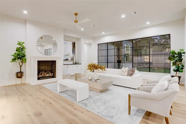 a living room with furniture a fireplace and a potted plant