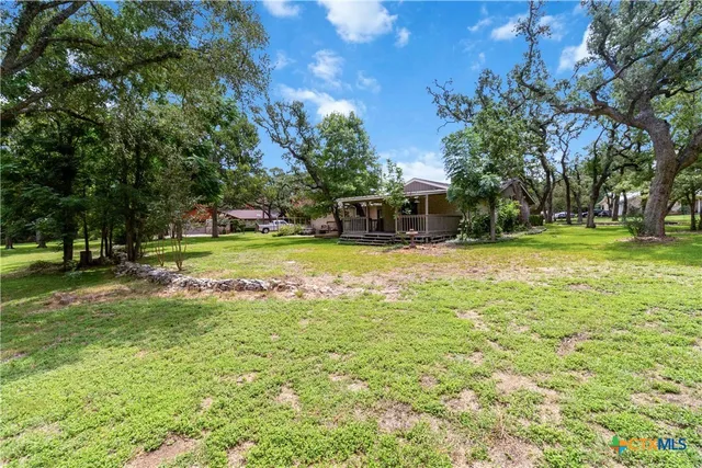 a view of a swimming pool with a garden and trees