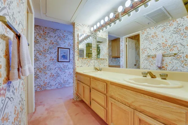 a bathroom with a sink a vanity and a mirror