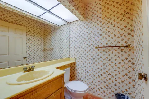 a bathroom with a sink a toilet and a mirror