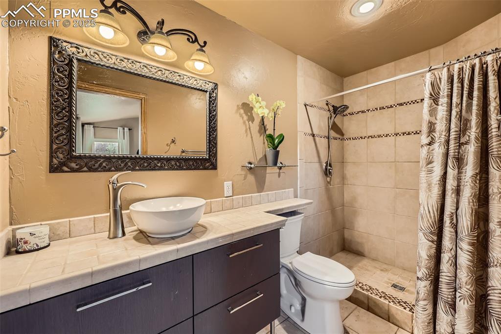 151 Star View Circle Palmer Lake, CO 80133 - Photo 18 of 36 Full bathroom with toilet, a stall shower, and vanity